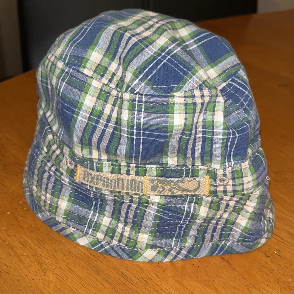 Toddler Boys Reversible Bucket Hat Khaki and Blue Green White Tan Plaid